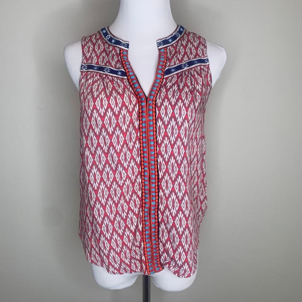 Market & Spruce Red Flame Stitch Top XS Navy Trim